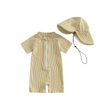 (6-12 Months, Khaki) Conjunto de maiô listrado infantil para menino, manga curta, meio zíper, proteção solar e chapéu de sol.