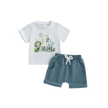 (6-12 Months, Beige) Babyjongensoutfit voor zijn eerste verjaardag: topje met ronde hals, korte mouwen, dierenprint en bijpassende shorts.