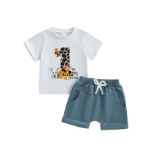 (12-18 Months, White) Babyjongensoutfit voor zijn eerste verjaardag: topje met ronde hals, korte mouwen, dierenprint en bijpassende shorts.