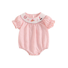 (6-12 Months, Pink) Kislány rövid ujjú romper aranyos hímzett fodros kerek nyakú body western ruhák