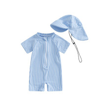 (2-3 Years, Blue) Conjunto de maiô listrado infantil para menino, manga curta, meio zíper, proteção solar e chapéu de sol.