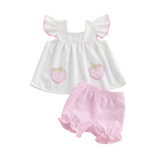 (6-12 Months, White) Conjunto de verão para bebê menina: blusa regata listrada, mangas bufantes, decote quadrado e shorts com babados.