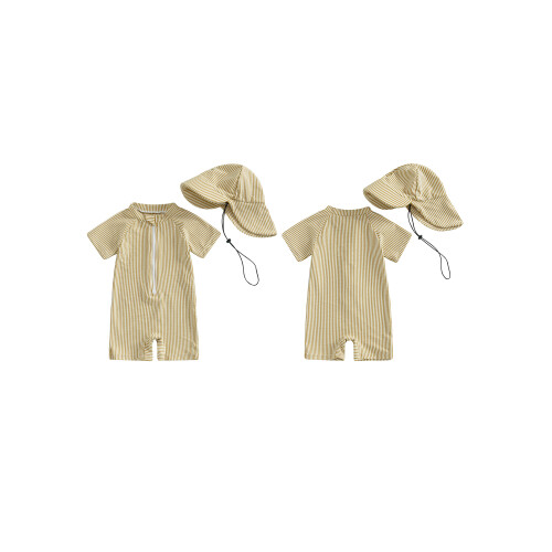 (6-12 Months, Khaki) Σετ μαγιό ριγέ και αντιηλιακό. 1