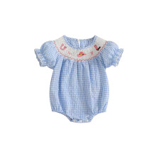 (3-6 Months, Blue) Kislány rövid ujjú romper aranyos hímzett fodros kerek nyakú body western ruhák
