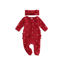(0-3M, Red) Completo primaverile neonata, 2 pezzi: tutina maniche lunghe con volant e stampa fiocco, fascia per capelli inclusa.
