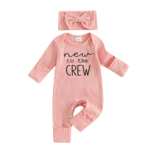 (0-3 Months, Pink) Completo neonata: tutina a maniche lunghe con ricamo lettere e fascia per capelli, ideale per bambine.