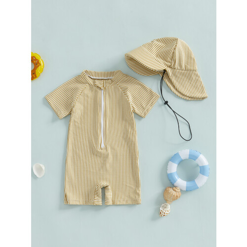 (6-12 Months, Khaki) Σετ μαγιό ριγέ και αντιηλιακό. 2