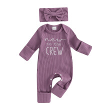 (3-6 Months, Purple) Completo neonata: tutina a maniche lunghe con ricamo lettere e fascia per capelli, ideale per bambine.