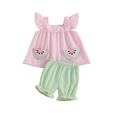 (2-3 Years, Pink) Conjunto de verão para bebê menina: blusa regata listrada, mangas bufantes, decote quadrado e shorts com babados.