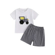 (12-18 Months, Blue) Conjunto de verão infantil: camiseta curta com bordado de trator e shorts xadrez (2 peças)