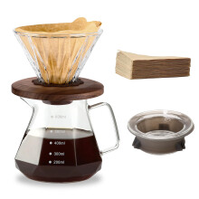 Pour Over Coffee Maker 600ml Borosilicate Glass Dripper with Walnut Handle and 100 Paper Filters