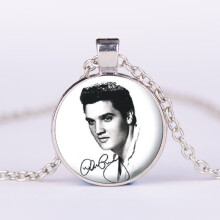 (White) Elvis Portrait Time Gemstone Pendant Necklace Retro Glass Sweater Chain Pendant