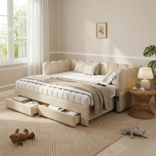 Beige Chenille Extendable Sofa Bed with Storage