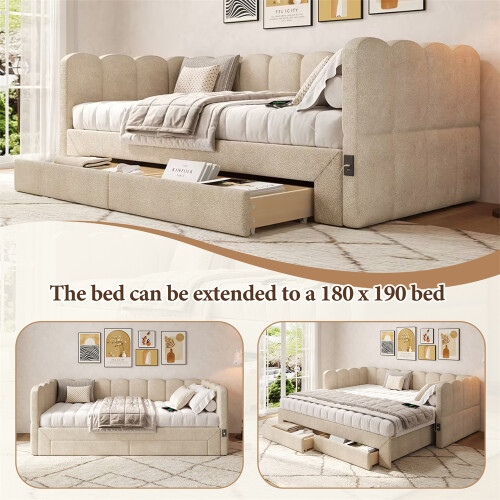 Beige Chenille Extendable Sofa Bed with Storage 2