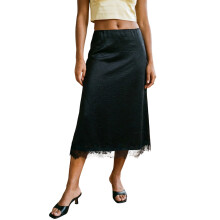 (M, Black) Women Satin Midi Skirts Casual Elegant Lace Hem Long Skirt for Beach Vacation Wedding Party