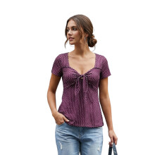 (M, Lavender) Women's Dot Sweetheart Neck Tops Cute Short Sleeve Front Knot Tie Up Shirt Retro French Blouse