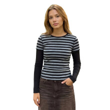 (L, Black) Womens Fall Tops Long Sleeve Crew Neck Casual Pullover Patchwork Soft Striped Shirts
