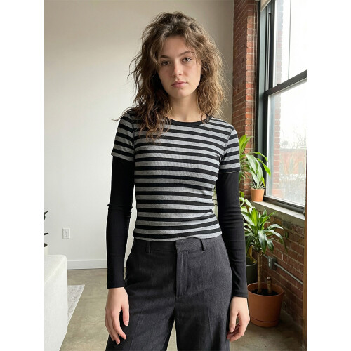(L, Black) Womens Fall Tops Long Sleeve Crew Neck Casual Pullover Patchwork Soft Striped Shirts 1