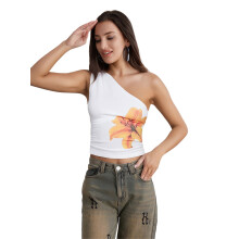 (L, White) Women's One Shoulder Tank Tops Floral Print Slant Neck Slim Fit Vest Streetwear for Summer