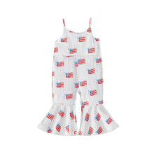 (4-5 Years, White) Mono largo sin mangas con estampado de lazo y pantalones acampanados para niñas pequeñas, ideal para el 4 de julio.