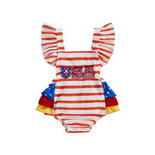 (6-9 Months, Red) Mono corto de bebé niña con mangas acampanadas, bordado de letras y volantes, estilo rayas.