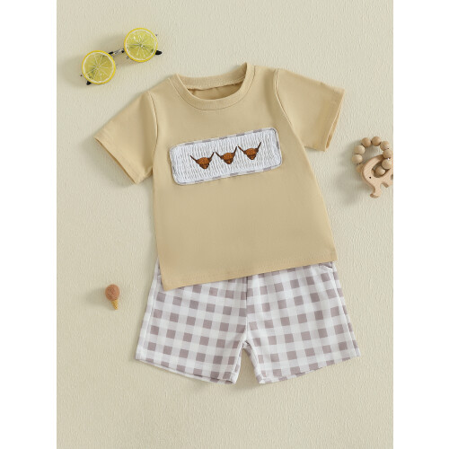 (18-24 Months, Khaki) Καλοκαιρινά ρούχα για καρό σορτς. 2