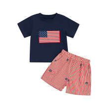 (3-4 Years, Navy Blue) Completo bambini Festa Indipendenza: maglietta maniche corte e pantaloni rigati, 2 pezzi.