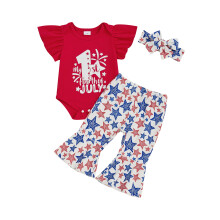 (0-3 Months, Red) Conjunto 3 peças bebê menina 4 de julho: body manga curta, calça flare estampa estrelas e faixa.