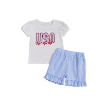 (2-3 Years, Blue) Conjunto feminino infantil estampa patriótica, camiseta curta e shorts com elástico. Roupa fofa de duas peças.