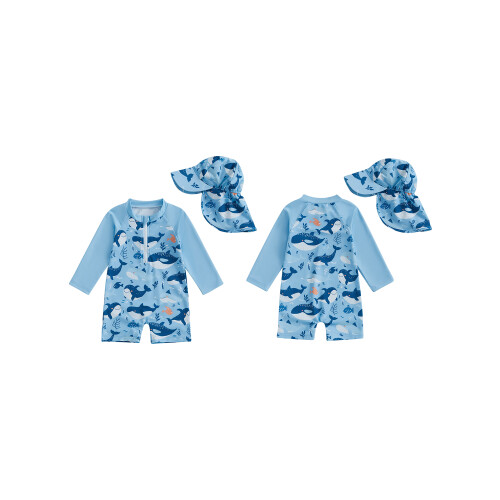 (18-24 Months, Blue) Μαγιό με καπέλο μακριά μανίκια. 1