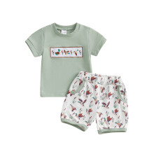 (3-4 Years, Green) Conjunto de verano para niños: camiseta corta con bordado de pato y pantalón corto elástico.