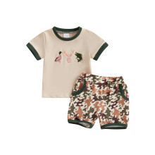 (4-5 Years, Beige) Conjunto de verano para niños: camiseta corta con bordado de pato y pantalón corto elástico.