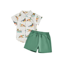(4-5 Years, Green) Toddler Baby Boy Summer Outfit Duck Print Button Down Lapel Short Sleeve Shirt with Shorts 2 Pcs Set