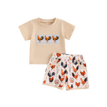 (2-3 Years, Apricot) Conjunto infantil 2 peças com estampa de galo: camiseta manga curta e shorts elástico. Cor neutra.