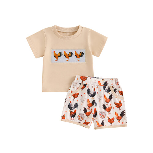 (6-12 Months, Apricot) Σετ σορτς νήπια κόκορα, κοντομάνικα με λάστιχο, ουδέτερη γραμμή
