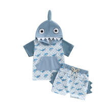 (2-3 Years, Blue) Conjuntos de verano para niños: camisetas cortas con capucha y pantalones cortos con estampado de tiburón.