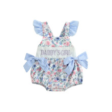 (0-3 Months, Blue) Body infantil meninas, mangas curtas, estampa floral, letras bordadas e laço. Roupa de verão casual.
