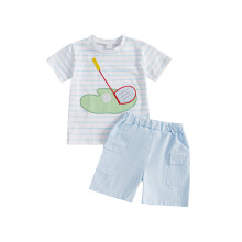 (4 Years, Blue) Conjunto de verano para niño: camiseta de rayas y pantalón corto elástico.