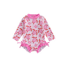 (12-18 Months, Pink) Badeanzug-Strampler für Kleinkinder, langärmelig, mit Schildkrötenmuster und Rüschen
