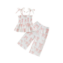 (12-18 Months, White) Éadaí Samhraidh do Chailíní le Prionta Bogha, Camisole le Muinchille, Tacar 2 phíosa le Bríste Scaoilte