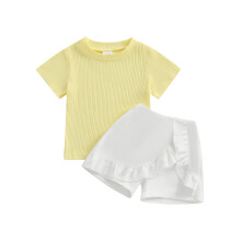 (18-24 Months, Yellow) Conjunto infantil feminino com shorts, camiseta de manga curta com gola redonda e shorts com babados para o verão.