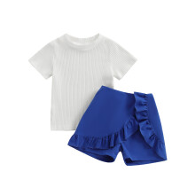 (2-3 Years, Ivory) Conjunto infantil feminino com shorts, camiseta de manga curta com gola redonda e shorts com babados para o verão.