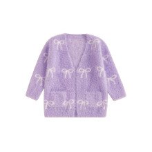 (3-4 Years, Purple) Cardigã infantil feminino de manga comprida felpuda com estampa de laço, ideal para primavera e outono.