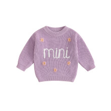 (18-24 Months, Purple) Suéter infantil menina, manga longa, gola redonda, estampa de letras e flores, tricô quente para inverno.