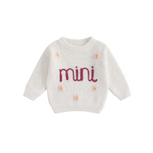 (3-6 Months, White) Suéter infantil menina, manga longa, gola redonda, estampa de letras e flores, tricô quente para inverno.