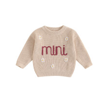 (12-18 Months, Creamy White) Suéter infantil menina, manga longa, gola redonda, estampa de letras e flores, tricô quente para inverno.