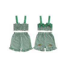 (3-4 Years, Green) Conjunto de verão feminino infantil com blusa regata sem mangas e shorts bordados de patinhos. 2 peças