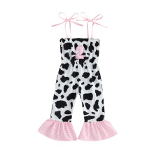 (18-24M, WHITE) Macacão de verão sem mangas para bebê menina, com alças de amarrar e estampa de vaca. Ideal para crianças pequenas.
