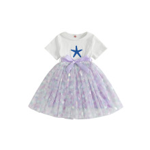 (4-5 Years, Purple) Mädchen Sommerkleid A-Linie mit Schuppenmuster, Rundhals, kurzen Ärmeln, Tüll-Patchwork mit Gürtel