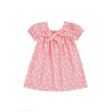 (6-7 Years, Pink) Mädchenkleid, kurzärmelig, eckiger Ausschnitt, Blumenmuster, Sommerkleid für Mädchen, lässig.